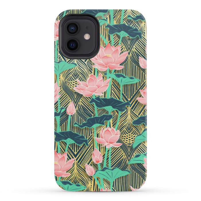 iPhone 12 mini StrongFit Art Deco Lotus Flowers in Peach & Emerald by Micklyn Le Feuvre
