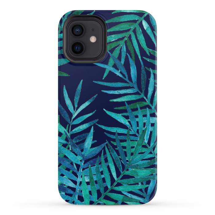 iPhone 12 mini StrongFit Watercolor Palm Leaves on Navy Blue by Micklyn Le Feuvre