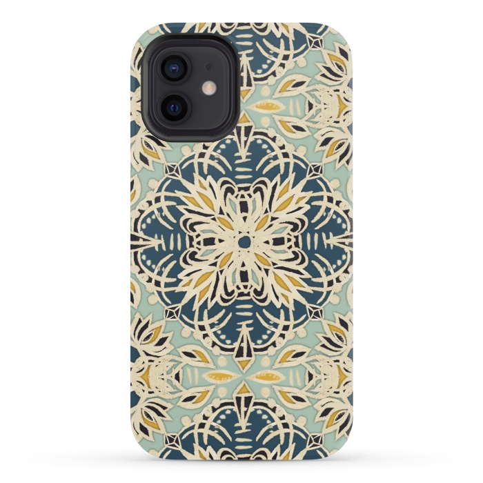 iPhone 12 mini StrongFit Protea Pattern in Deep Teal, Cream, Sage Green & Yellow Ocher by Micklyn Le Feuvre