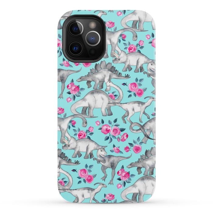 iPhone 12 Pro StrongFit Dinosaurs and Roses on Turquoise by Micklyn Le Feuvre