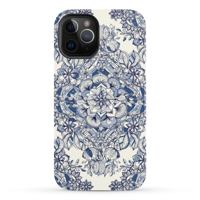 iPhone 12 Pro StrongFit Floral Diamond Doodle in Dark Blue and Cream by Micklyn Le Feuvre