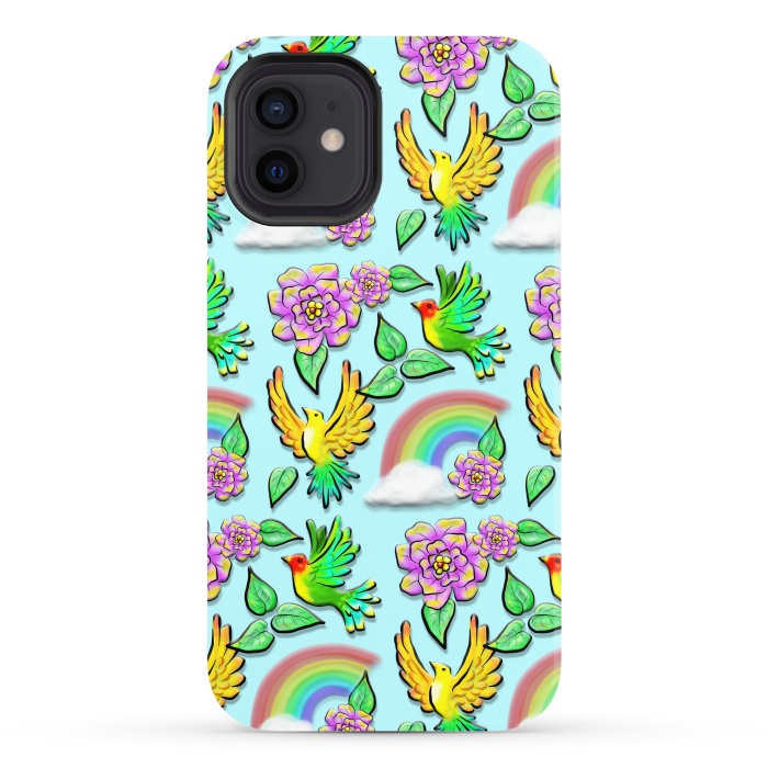 iPhone 12 StrongFit Birds Flowers and Rainbows Doodle Pattern by BluedarkArt