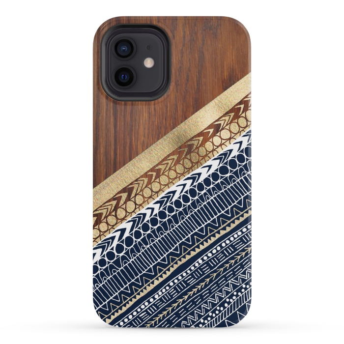iPhone 12 mini StrongFit Navy & Gold Tribal on Wood by Tangerine-Tane