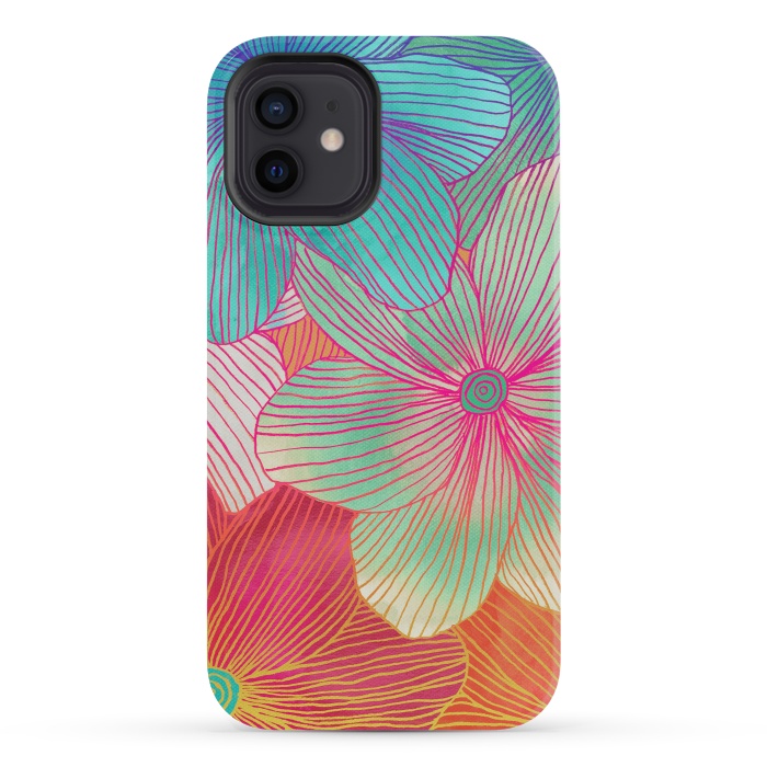 iPhone 12 mini StrongFit Between the Lines - tropical flowers in pink, orange, blue & mint by Micklyn Le Feuvre