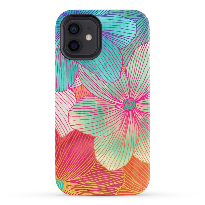 iPhone 12 StrongFit Between the Lines - tropical flowers in pink, orange, blue & mint by Micklyn Le Feuvre