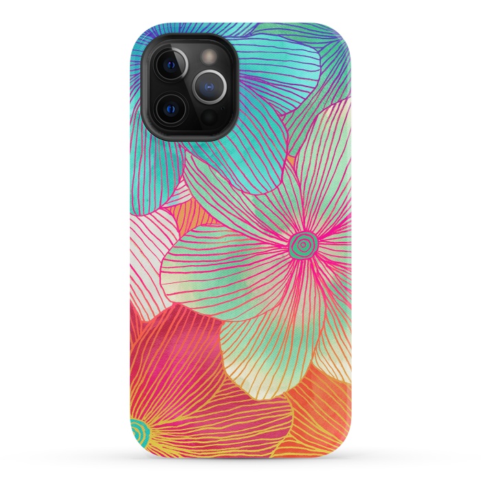iPhone 12 Pro StrongFit Between the Lines - tropical flowers in pink, orange, blue & mint by Micklyn Le Feuvre