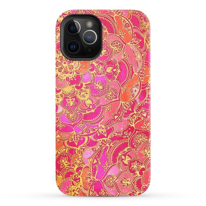 iPhone 12 Pro StrongFit Hot Pink and Gold Baroque Floral Pattern by Micklyn Le Feuvre