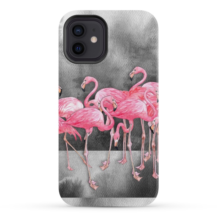 iPhone 12 mini StrongFit Pink Flamingos in Watercolor & Ink by Micklyn Le Feuvre