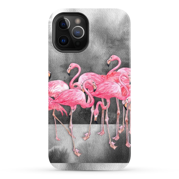 iPhone 12 Pro StrongFit Pink Flamingos in Watercolor & Ink by Micklyn Le Feuvre