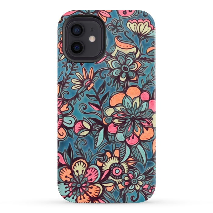 iPhone 12 StrongFit Sweet Spring Floral - melon pink, butterscotch & teal by Micklyn Le Feuvre