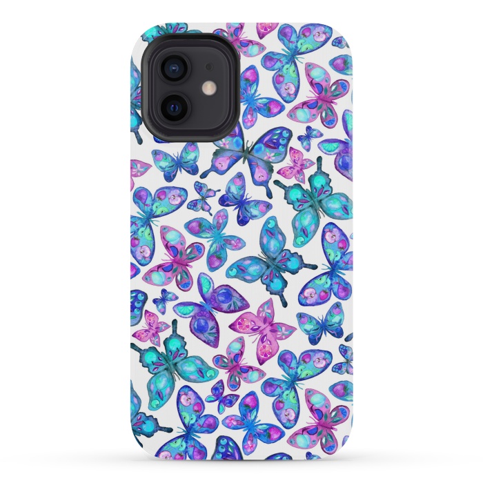 iPhone 12 mini StrongFit Watercolor Fruit Patterned Butterflies - aqua and sapphire by Micklyn Le Feuvre