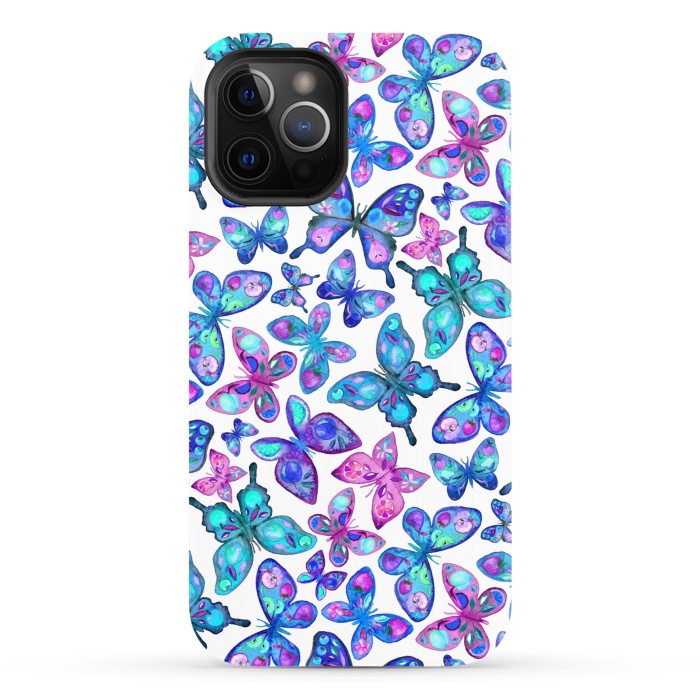 iPhone 12 Pro StrongFit Watercolor Fruit Patterned Butterflies - aqua and sapphire by Micklyn Le Feuvre