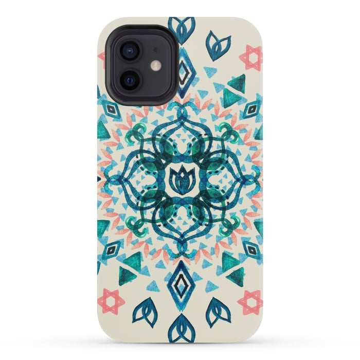 iPhone 12 mini StrongFit Watercolor Lotus Mandala in Teal & Salmon Pink by Micklyn Le Feuvre
