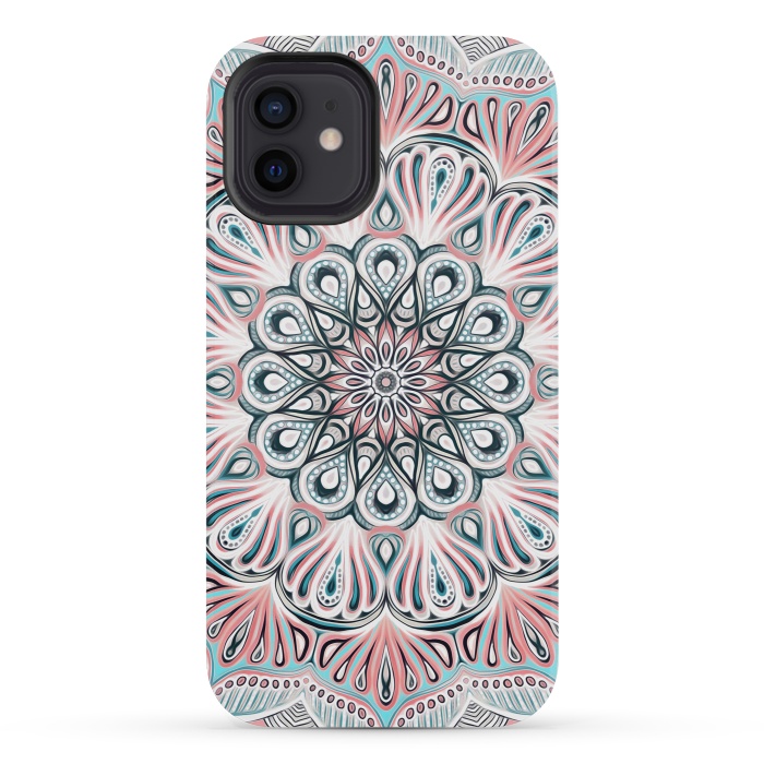 iPhone 12 mini StrongFit Expansion - boho mandala in soft salmon pink & blue by Micklyn Le Feuvre