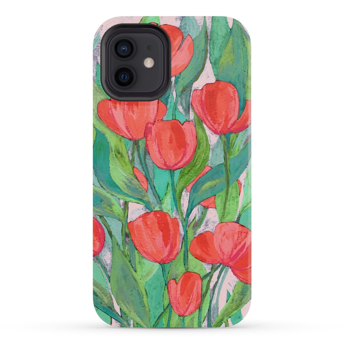 iPhone 12 mini StrongFit Blooming Red Tulips in Gouache  by Micklyn Le Feuvre
