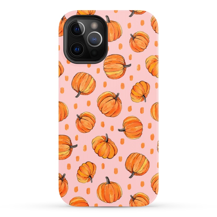 iPhone 12 Pro StrongFit Little Gouache Pumpkins with Dots on Pink by Micklyn Le Feuvre