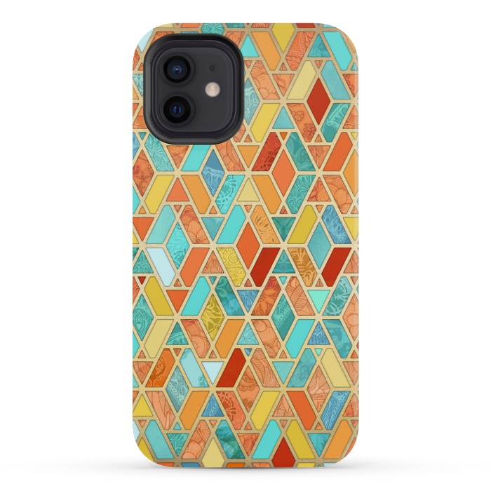 iPhone 12 mini StrongFit Tangerine and Turquoise Geometric Fall Pattern by Micklyn Le Feuvre