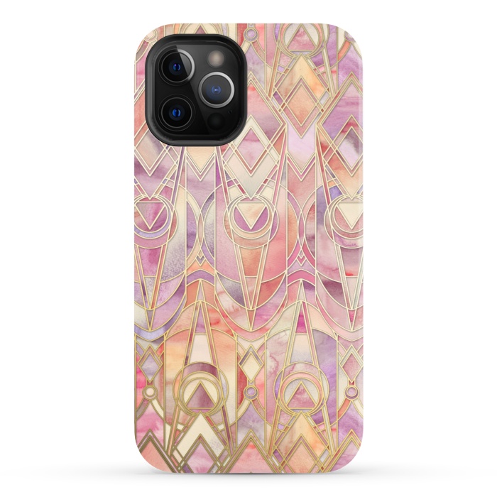 iPhone 12 Pro StrongFit Autumn Peach and Amethyst Art Deco Pattern by Micklyn Le Feuvre