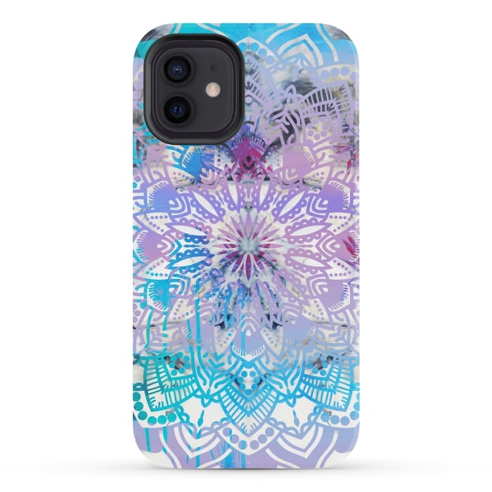 iPhone 12 StrongFit Blue lavender mandala drawing on white marble by Oana 