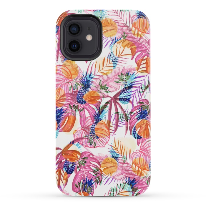 iPhone 12 mini StrongFit Pink tropical leaves and blue pineapples by Oana 