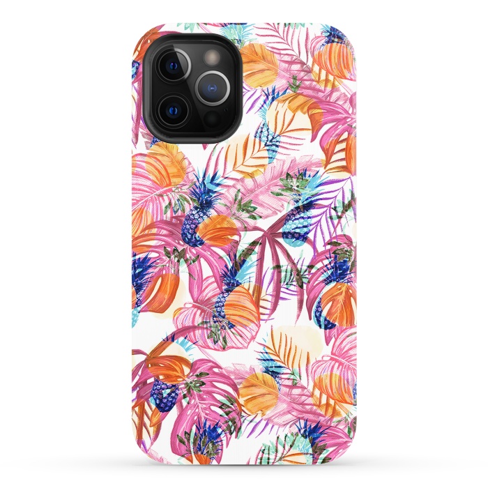 iPhone 12 Pro StrongFit Pink tropical leaves and blue pineapples by Oana 