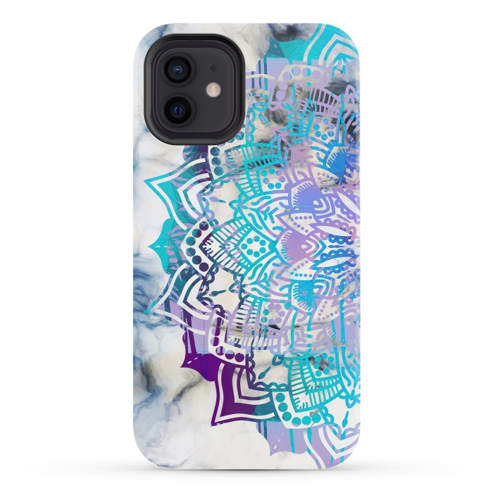iPhone 12 StrongFit Blue purple mandala on white marble texture by Oana 