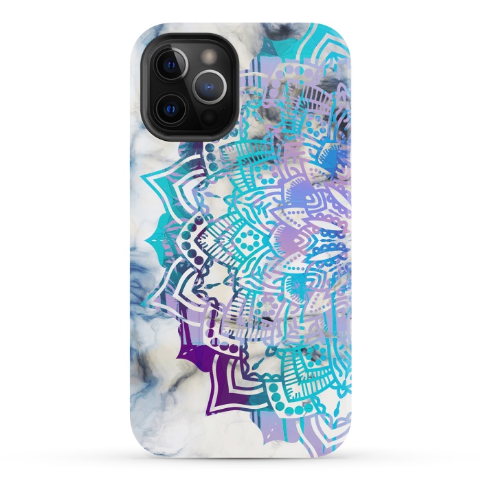 iPhone 12 Pro StrongFit Blue purple mandala on white marble texture by Oana 