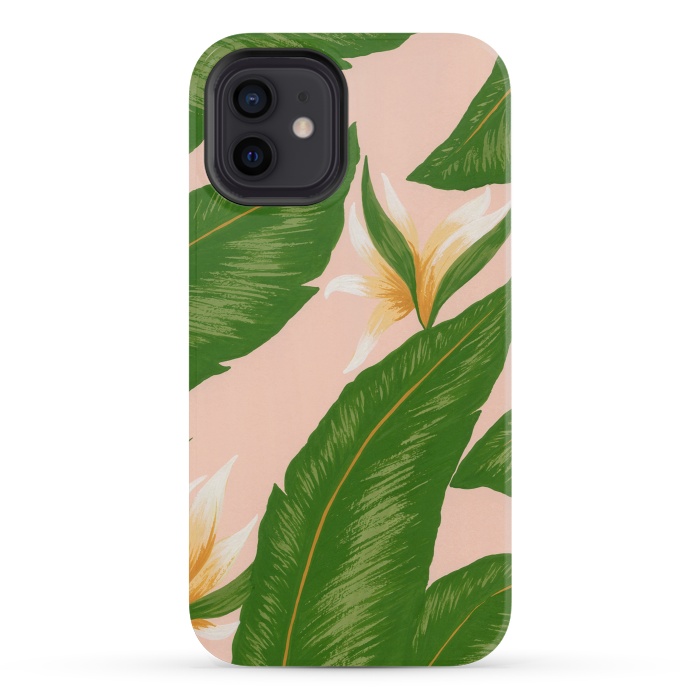 iPhone 12 mini StrongFit Pink Bird Of Paradise Jungle Floral Print by Becky Starsmore