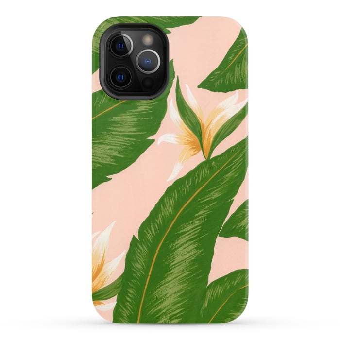 iPhone 12 Pro StrongFit Pink Bird Of Paradise Jungle Floral Print by Becky Starsmore
