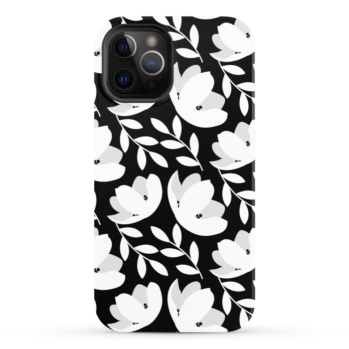 iPhone 12 Pro StrongFit Black and White Floral Pattern by Allgirls Studio