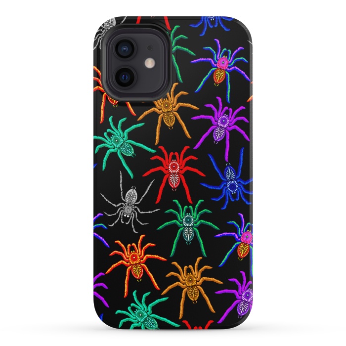 iPhone 12 mini StrongFit Spiders Pattern Colorful Tarantulas on Black by BluedarkArt