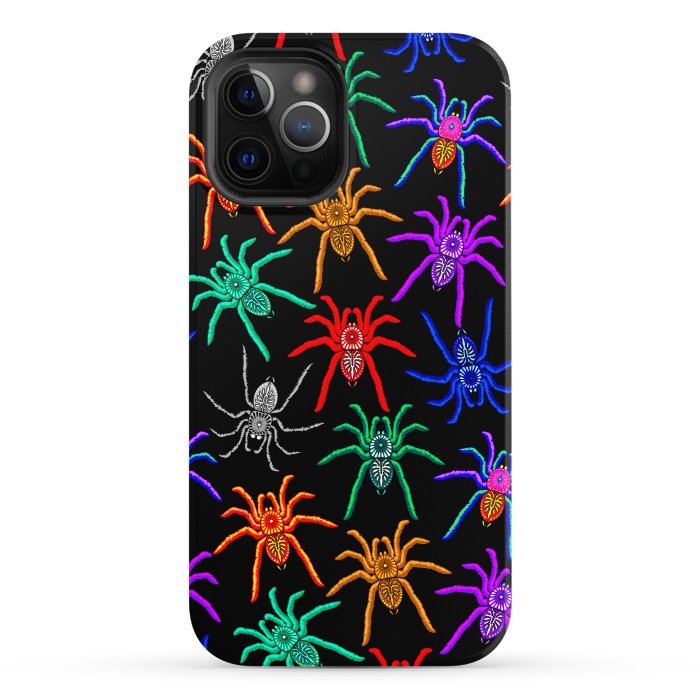 iPhone 12 Pro StrongFit Spiders Pattern Colorful Tarantulas on Black by BluedarkArt