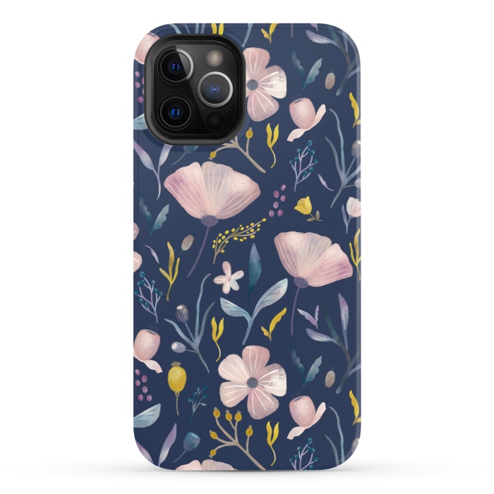 iPhone 12 Pro StrongFit Delicate Pastel Floral on Blue by Noonday Design