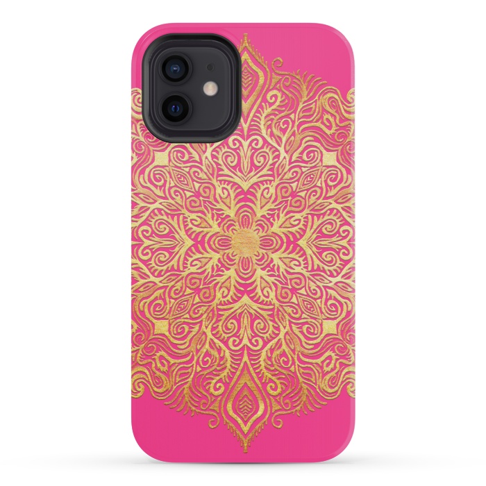 iPhone 12 mini StrongFit Ornate Gold Mandala on Hot Pink by Micklyn Le Feuvre