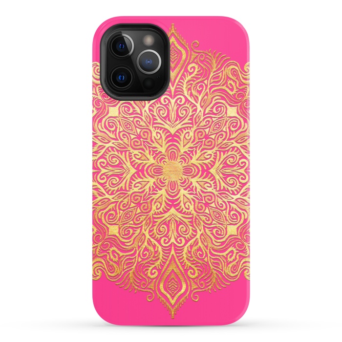 iPhone 12 Pro StrongFit Ornate Gold Mandala on Hot Pink by Micklyn Le Feuvre