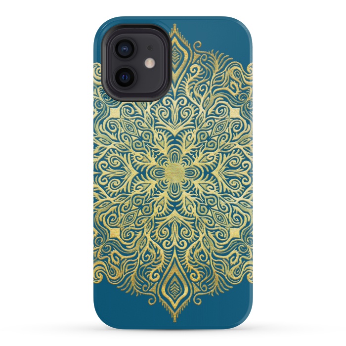 iPhone 12 mini StrongFit Ornate Gold Mandala on Deep Blue by Micklyn Le Feuvre