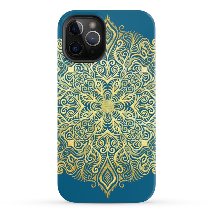 iPhone 12 Pro StrongFit Ornate Gold Mandala on Deep Blue by Micklyn Le Feuvre