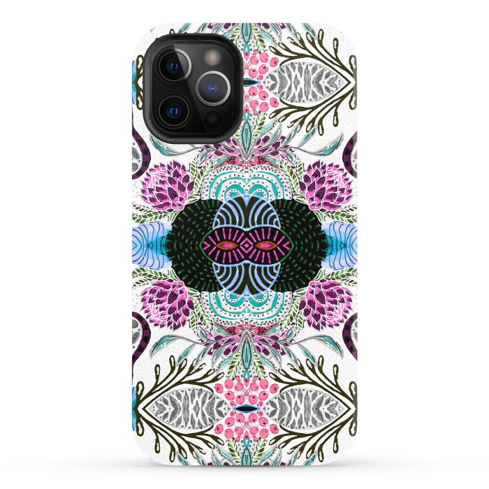 iPhone 12 Pro StrongFit Whimsical tribal mask abstract design by InovArts