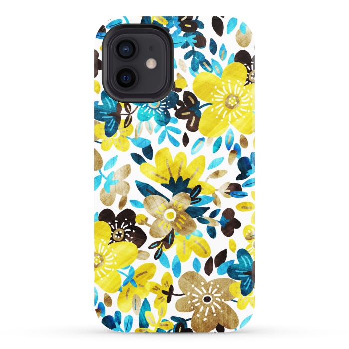 iPhone 12 StrongFit Happy Yellow & Turquoise Floral Collage by Micklyn Le Feuvre