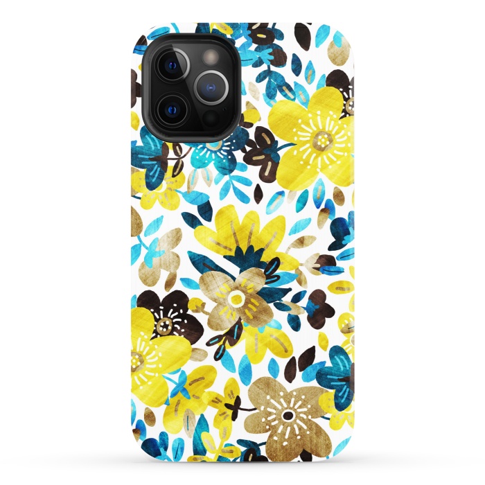 iPhone 12 Pro StrongFit Happy Yellow & Turquoise Floral Collage by Micklyn Le Feuvre