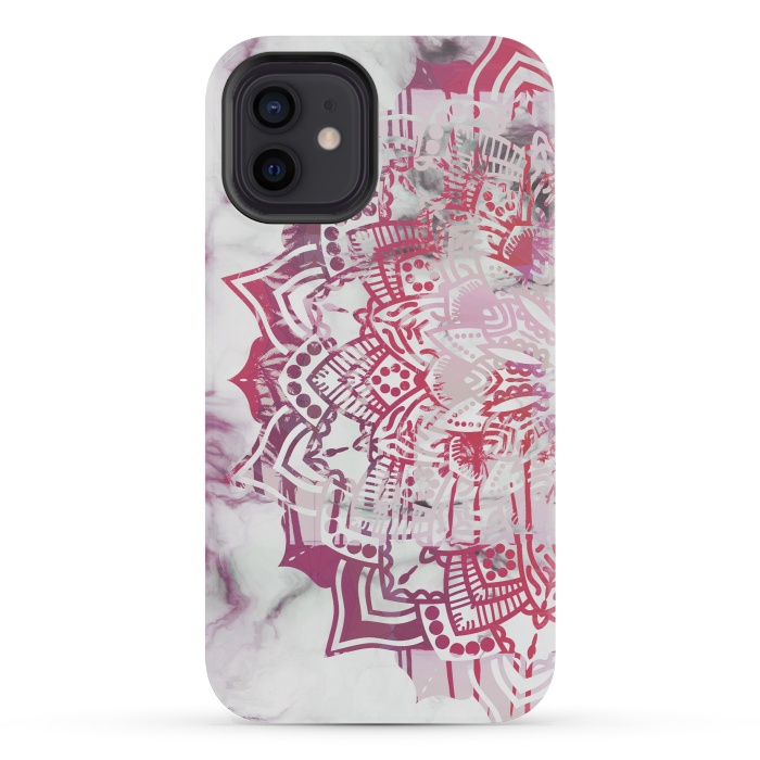 iPhone 12 mini StrongFit Red pink mandala digital painting on white marble by Oana 