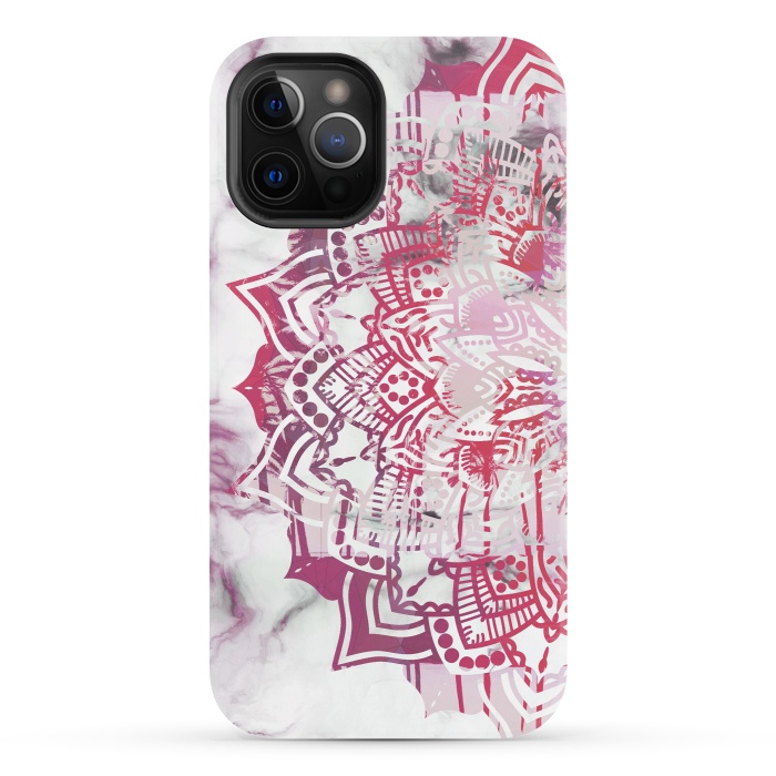 iPhone 12 Pro StrongFit Red pink mandala digital painting on white marble by Oana 
