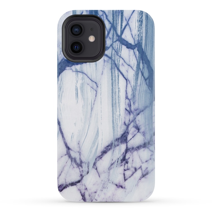 iPhone 12 mini StrongFit White marble with blue cracks brushstrokes by Oana 