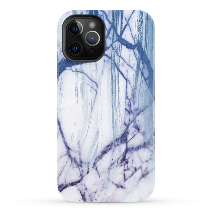 iPhone 12 Pro StrongFit White marble with blue cracks brushstrokes by Oana 