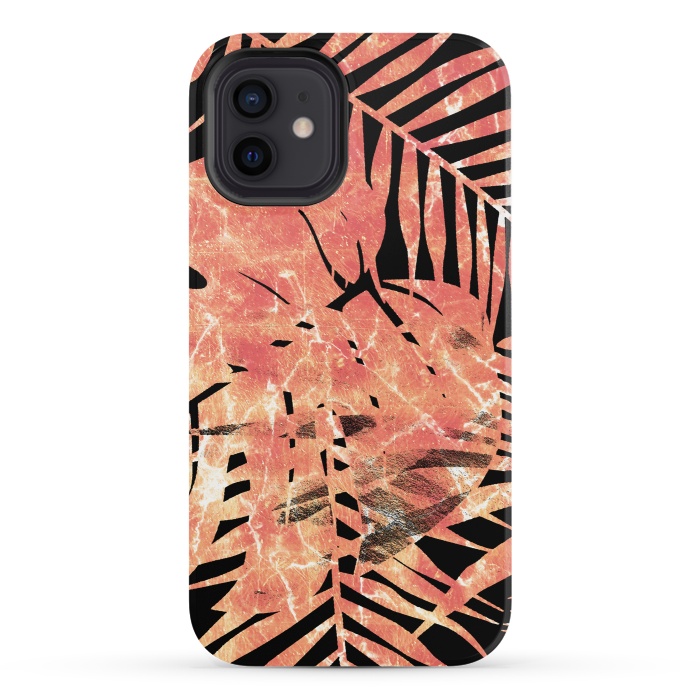 iPhone 12 StrongFit Golden palm and ficus tropical marble leaves on black background by Oana 