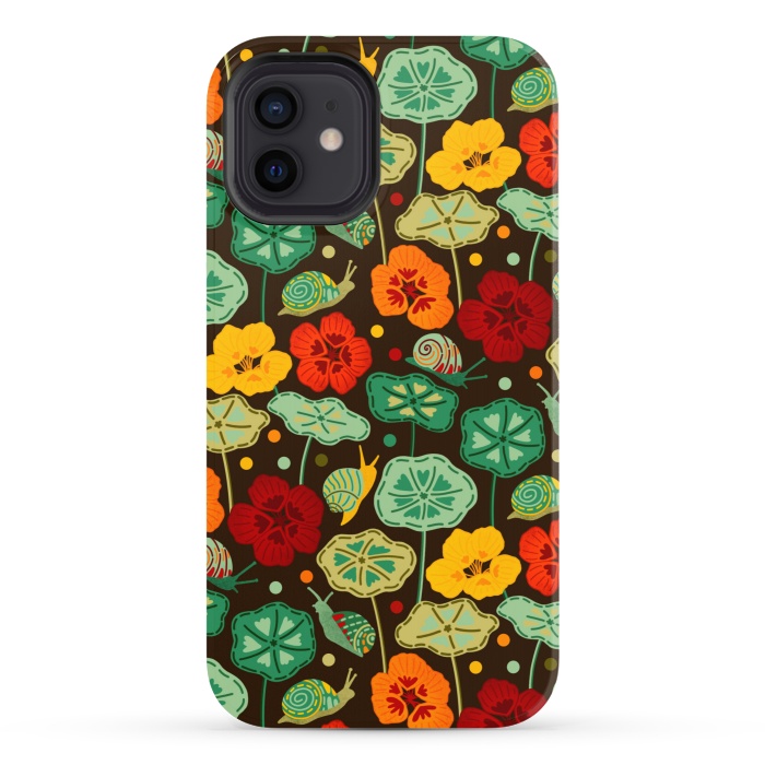 iPhone 12 StrongFit Nasturtiums & Snails On Brown  by Tigatiga