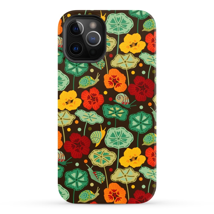 iPhone 12 Pro StrongFit Nasturtiums & Snails On Brown  by Tigatiga