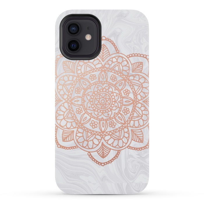 iPhone 12 mini StrongFit Rose Gold Mandala on White Marble by Julie Erin Designs