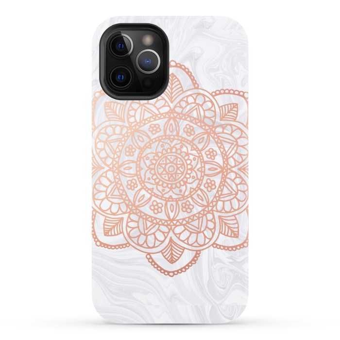 iPhone 12 Pro StrongFit Rose Gold Mandala on White Marble by Julie Erin Designs