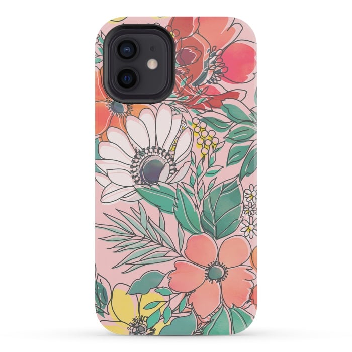 iPhone 12 mini StrongFit Cute girly pink floral hand drawn design by InovArts